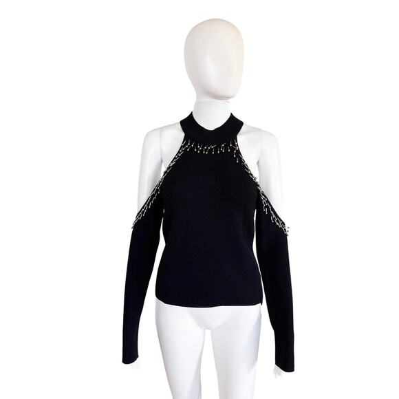 JONATHAN SIMKHAI BLACK BEADED COLD SHOULDER LONG SLEEVE TOP - Picture 1 of 5